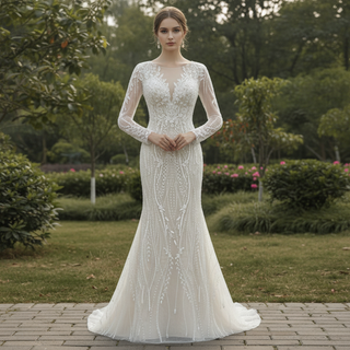 Mermaid Lace Long Sleeve Wedding Dresses & Gowns with Sheer Neck