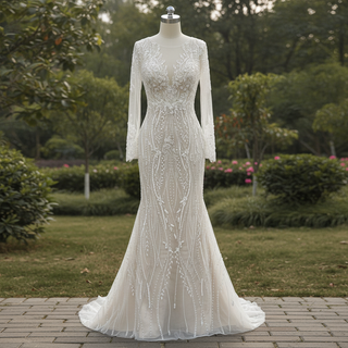 Mermaid Lace Long Sleeve Wedding Dresses & Gowns with Sheer Neck