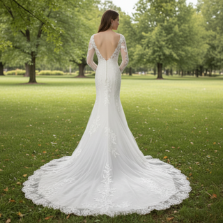 Long Sleeve Trumpet High Sheer Boat Neck Lace Wedding Dress