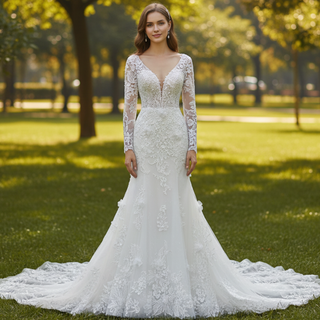 Elegant V-neck Mermaid Wedding Dress with Long Sleeves