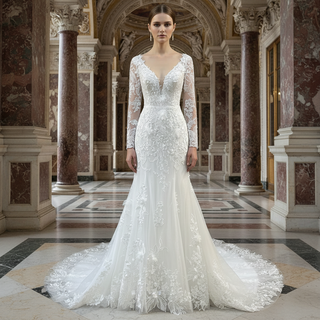 Elegant V-neck Mermaid Wedding Dress with Long Sleeves