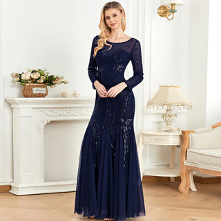 Sparkly Sequins Evening Dress Long Sleeves Wedding Party Maxi Dress Navy Blue / M Sparkly Sequins Evening Dress Long Sleeves Wedding Party Maxi Dress Navy Blue / M