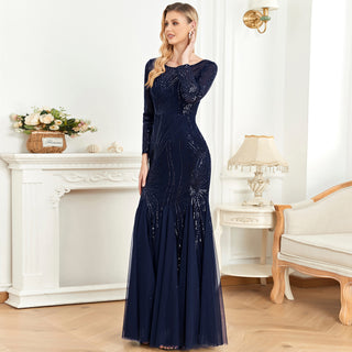 Sparkly Sequins Evening Dress Long Sleeves Wedding Party Maxi Dress Navy Blue / M Sparkly Sequins Evening Dress Long Sleeves Wedding Party Maxi Dress Navy Blue / M