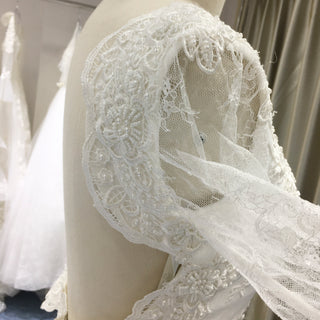 Fit and Flare Deep Vneck Lace Wedding Dress with Long Trumpet Sleeve