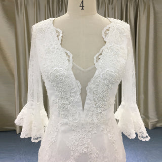Fit and Flare Deep Vneck Lace Wedding Dress with Long Trumpet Sleeve