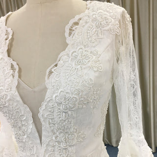 Fit and Flare Deep Vneck Lace Wedding Dress with Long Trumpet Sleeve