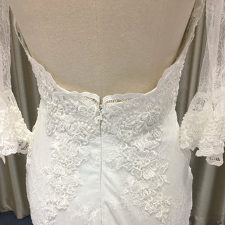 Fit and Flare Deep Vneck Lace Wedding Dress with Long Trumpet Sleeve