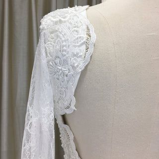 Fit and Flare Deep Vneck Lace Wedding Dress with Long Trumpet Sleeve