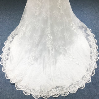Fit and Flare Deep Vneck Lace Wedding Dress with Long Trumpet Sleeve
