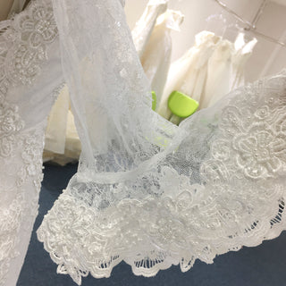 Fit and Flare Deep Vneck Lace Wedding Dress with Long Trumpet Sleeve