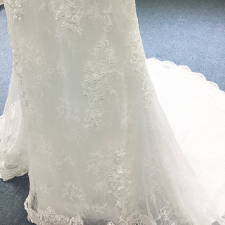 Fit and Flare Deep Vneck Lace Wedding Dress with Long Trumpet Sleeve