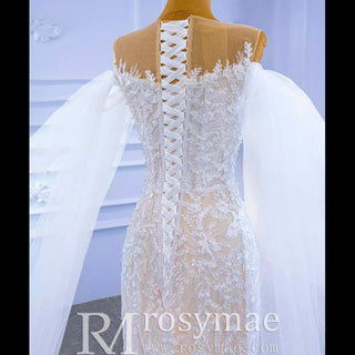 Long Sleeve Mermaid Lace Wedding Dress with Champagne Underlay - Rosymae