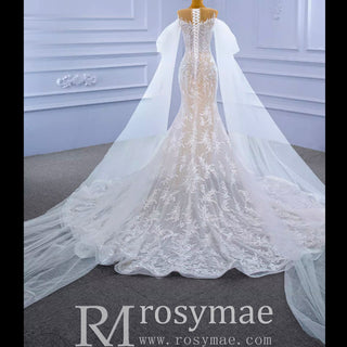 Long Sleeve Mermaid Lace Wedding Dress with Champagne Underlay - Rosymae
