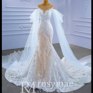Long Sleeve Mermaid Lace Wedding Dress with Champagne Underlay - Rosymae