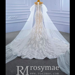 Long Sleeve Mermaid Lace Wedding Dress with Champagne Underlay - Rosymae