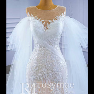 Long Sleeve Mermaid Lace Wedding Dress with Champagne Underlay - Rosymae