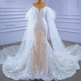 Long Sleeve Mermaid Lace Wedding Dress with Champagne Underlay - Rosymae