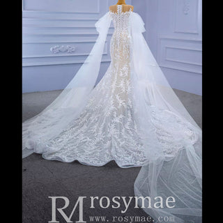 Long Sleeve Mermaid Lace Wedding Dress with Champagne Underlay - Rosymae