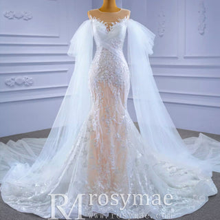 Long Sleeve Mermaid Lace Wedding Dress with Champagne Underlay - Rosymae