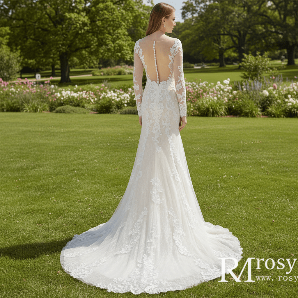 Long Sleeve Mermaid Lace Wedding Dress With Chapel Train - Rosymae
