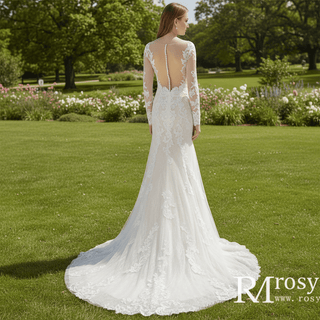 Long Sleeve Mermaid Lace Wedding Dress With Chapel Train - Rosymae