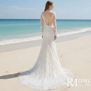 Long Sleeve Mermaid Lace Wedding Dress With Chapel Train - Rosymae