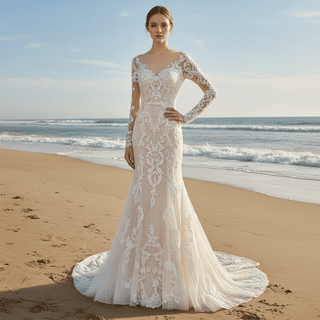 Long Sleeve Mermaid Lace Wedding Dress With Chapel Train - Rosymae