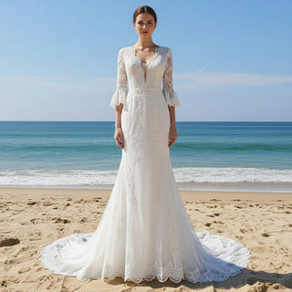 Fit and Flare Deep Vneck Lace Wedding Dress with Long Trumpet Sleeve