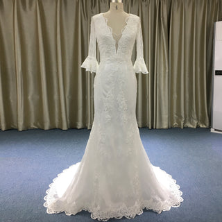 Fit and Flare Deep Vneck Lace Wedding Dress with Long Trumpet Sleeve