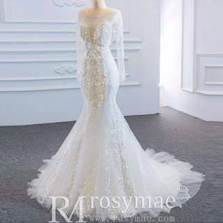 Long Sleeve Mermaid Lace Wedding Dress with Detachable Train - Rosymae