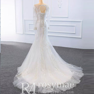 Long Sleeve Mermaid Lace Wedding Dress with Detachable Train - Rosymae