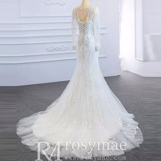 Long Sleeve Mermaid Lace Wedding Dress with Detachable Train - Rosymae