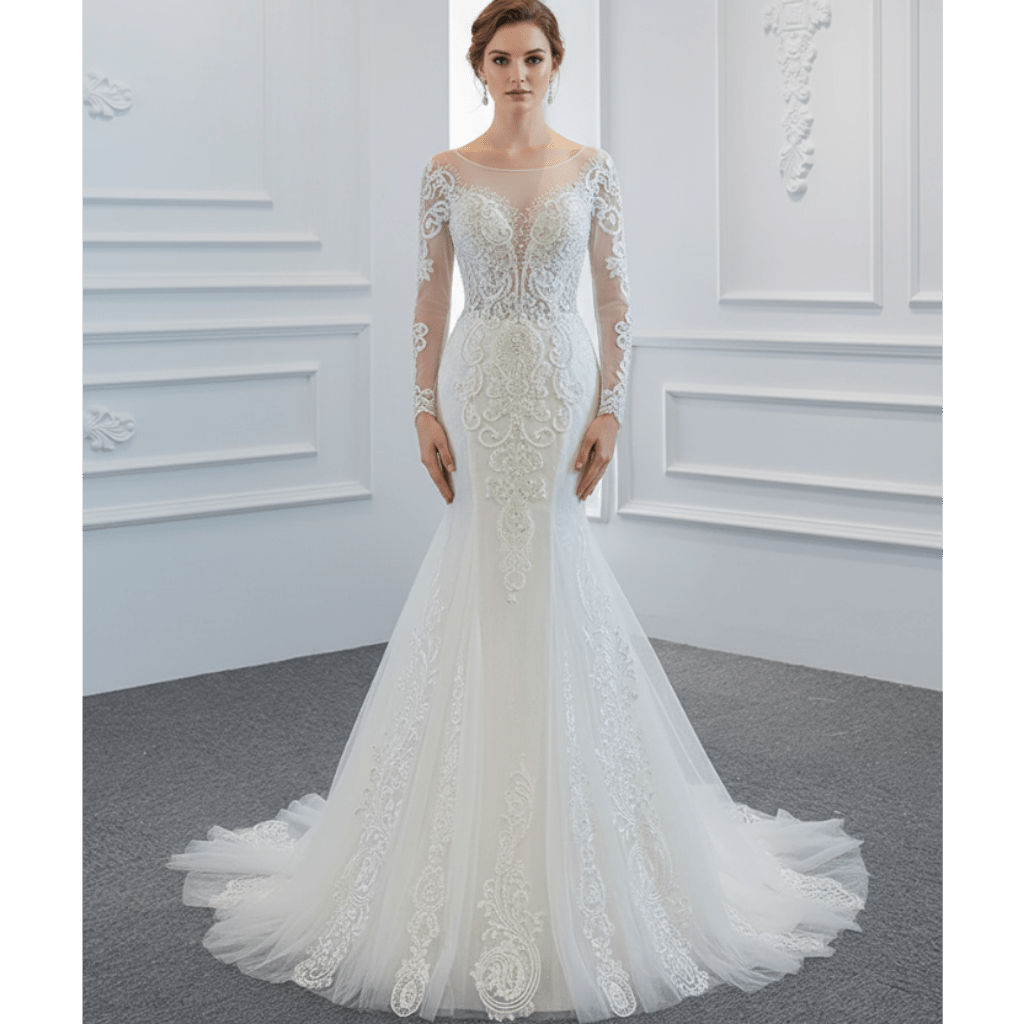 Long Sleeve Mermaid Lace Wedding Dress with Detachable Train - Rosymae