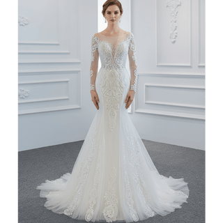 Long Sleeve Mermaid Lace Wedding Dress with Detachable Train - Rosymae
