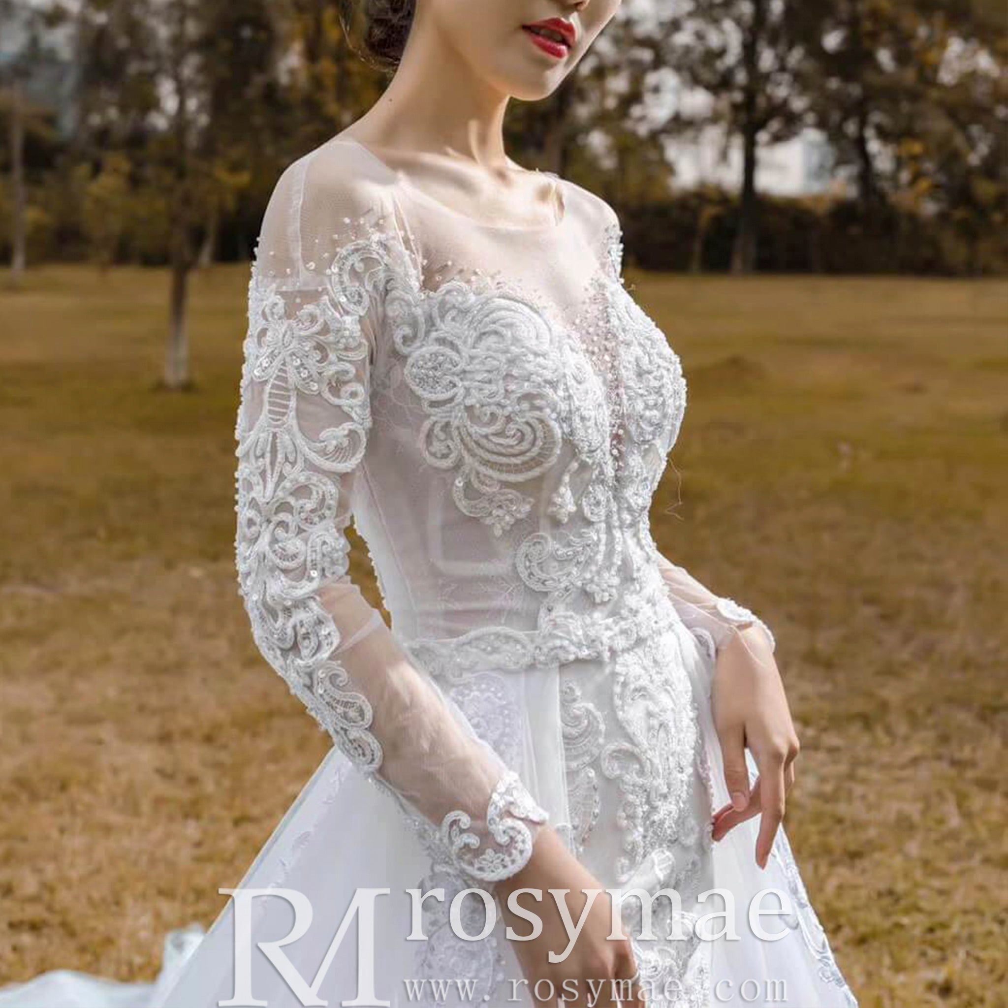 Long Sleeve Mermaid Lace Wedding Dress with Detachable Train - Rosymae