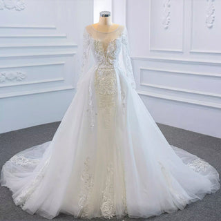 Long Sleeve Mermaid Lace Wedding Dress with Detachable Train - Rosymae