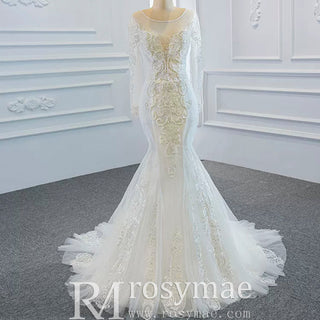 Long Sleeve Mermaid Lace Wedding Dress with Detachable Train - Rosymae