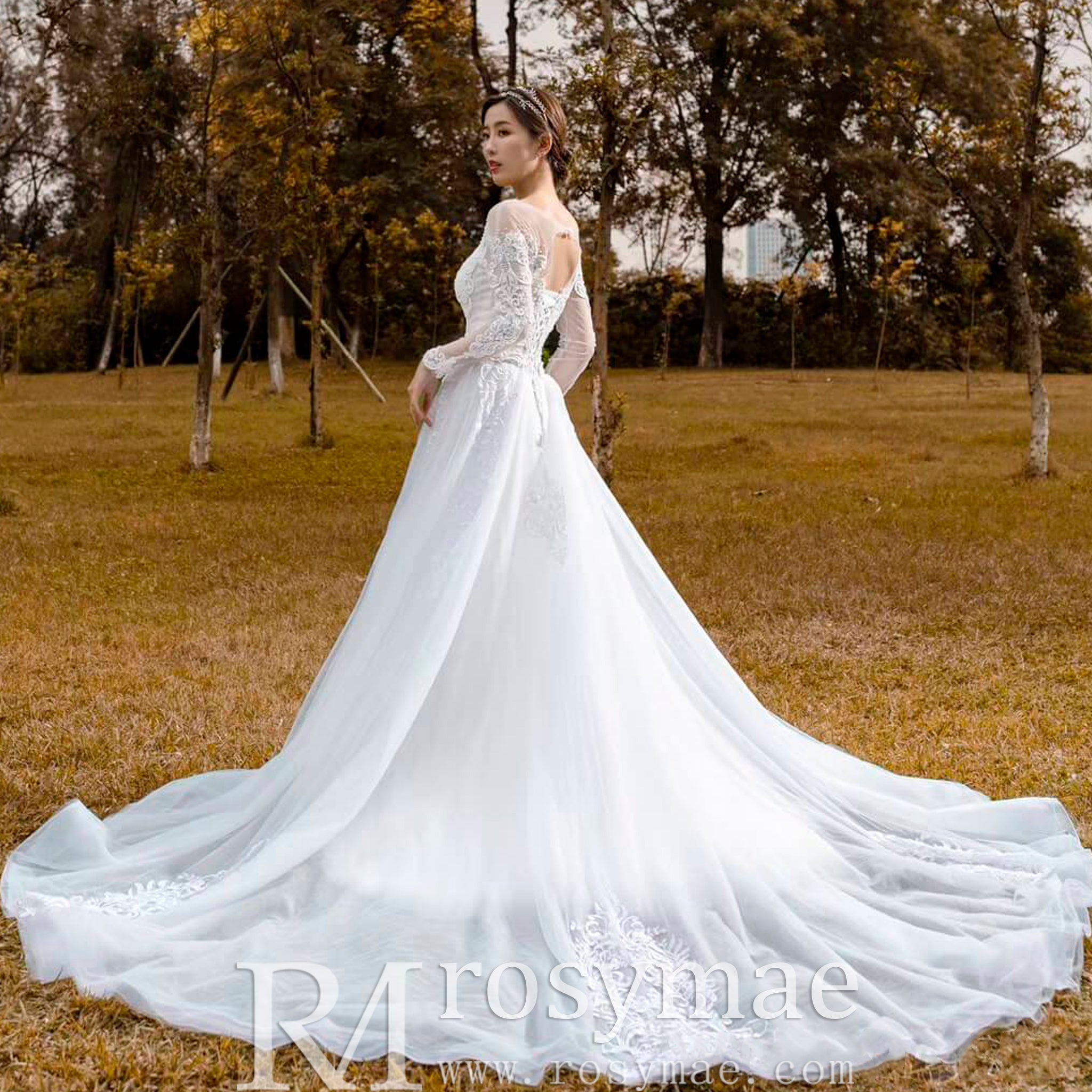 Long Sleeve Mermaid Lace Wedding Dress with Detachable Train - Rosymae