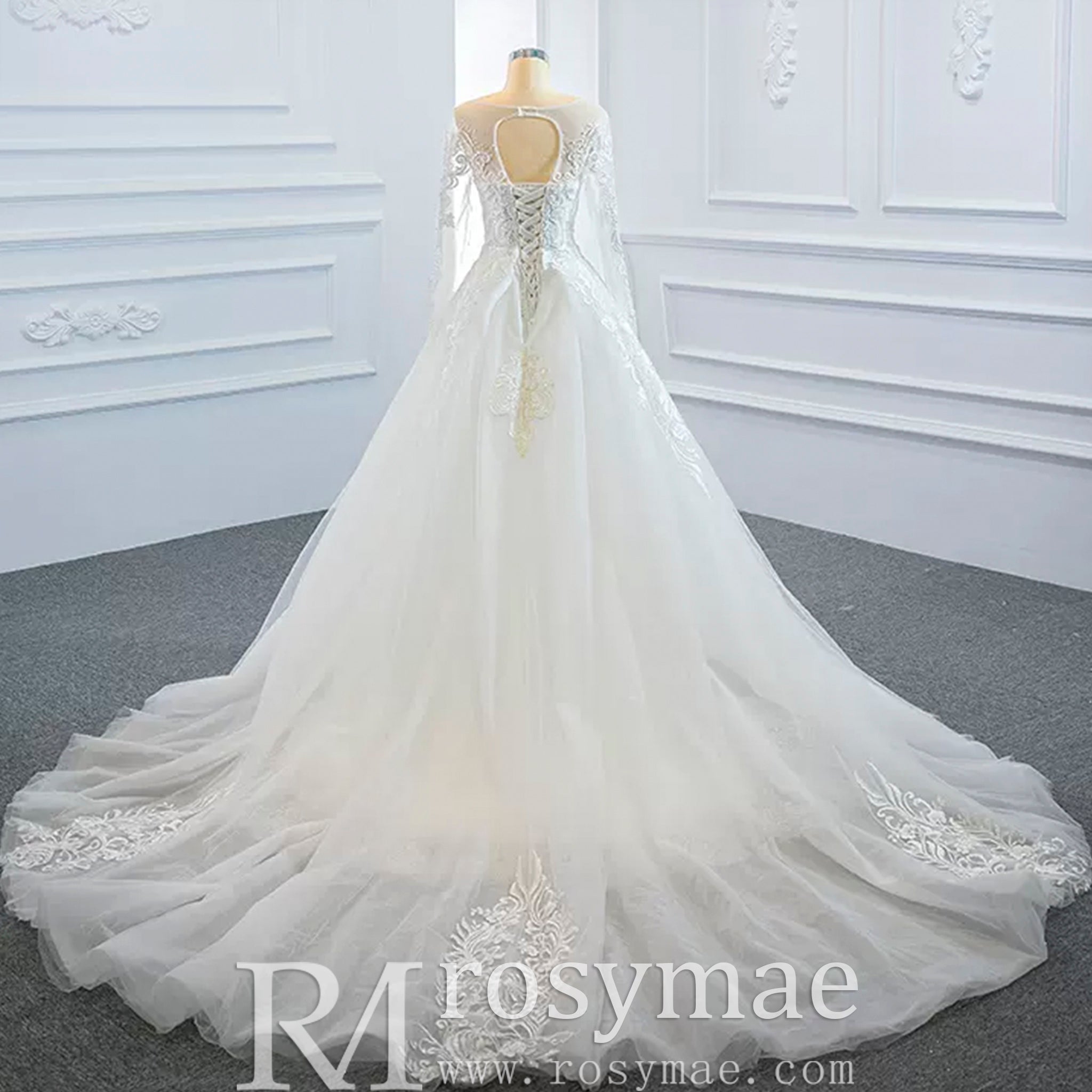 Long Sleeve Mermaid Lace Wedding Dress with Detachable Train - Rosymae