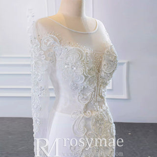 Long Sleeve Mermaid Lace Wedding Dress with Detachable Train - Rosymae