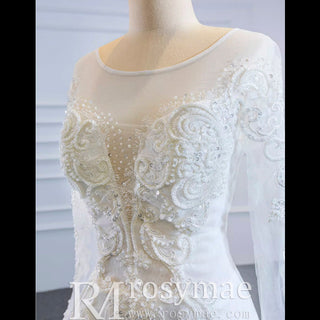 Long Sleeve Mermaid Lace Wedding Dress with Detachable Train - Rosymae