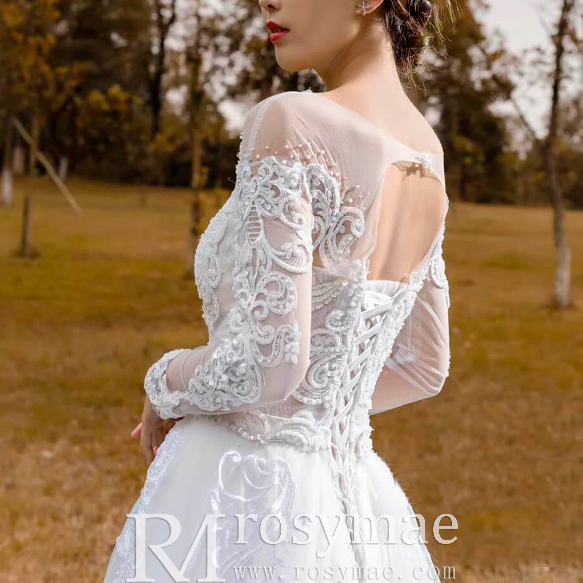 Long Sleeve Mermaid Lace Wedding Dress with Detachable Train - Rosymae