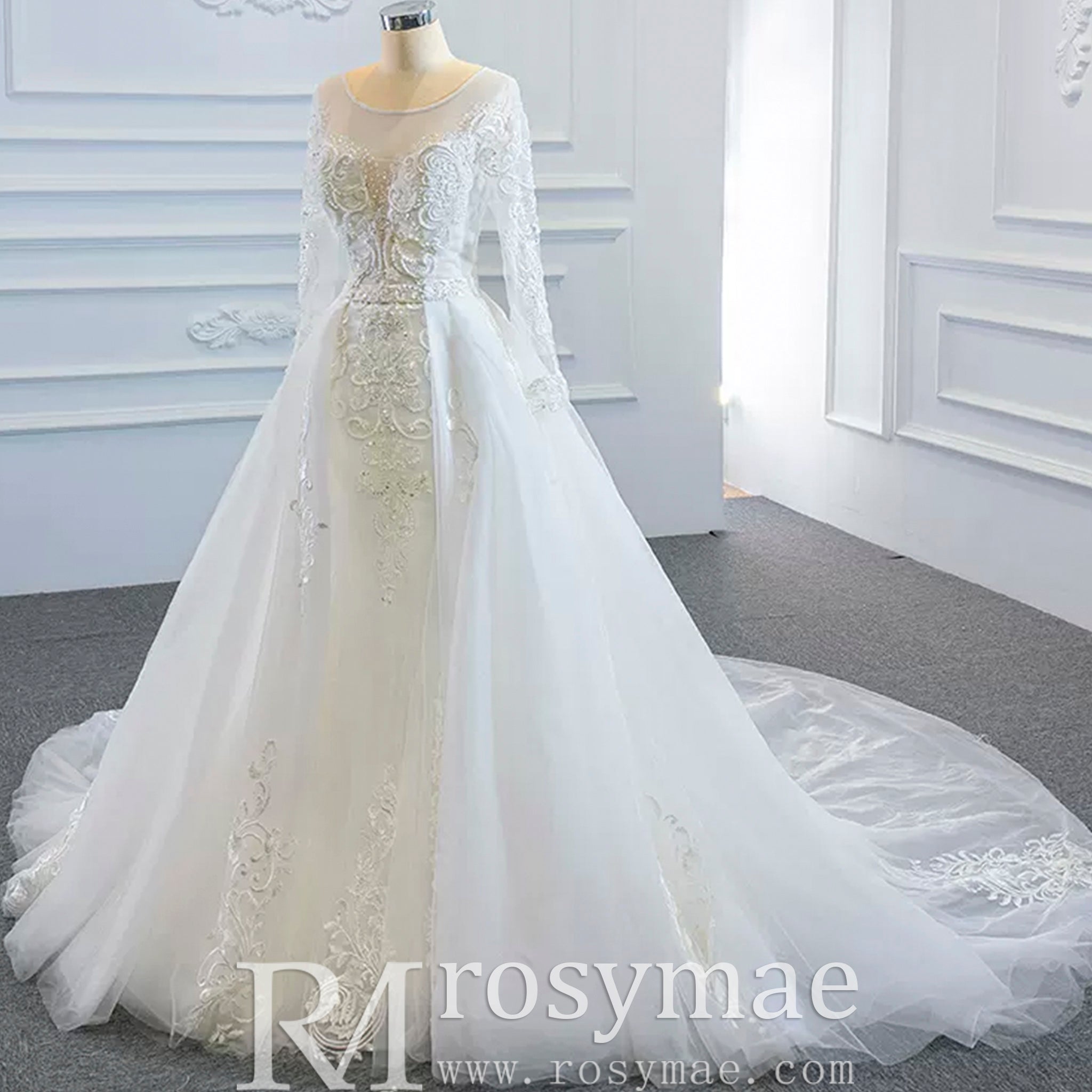 Long Sleeve Mermaid Lace Wedding Dress with Detachable Train - Rosymae