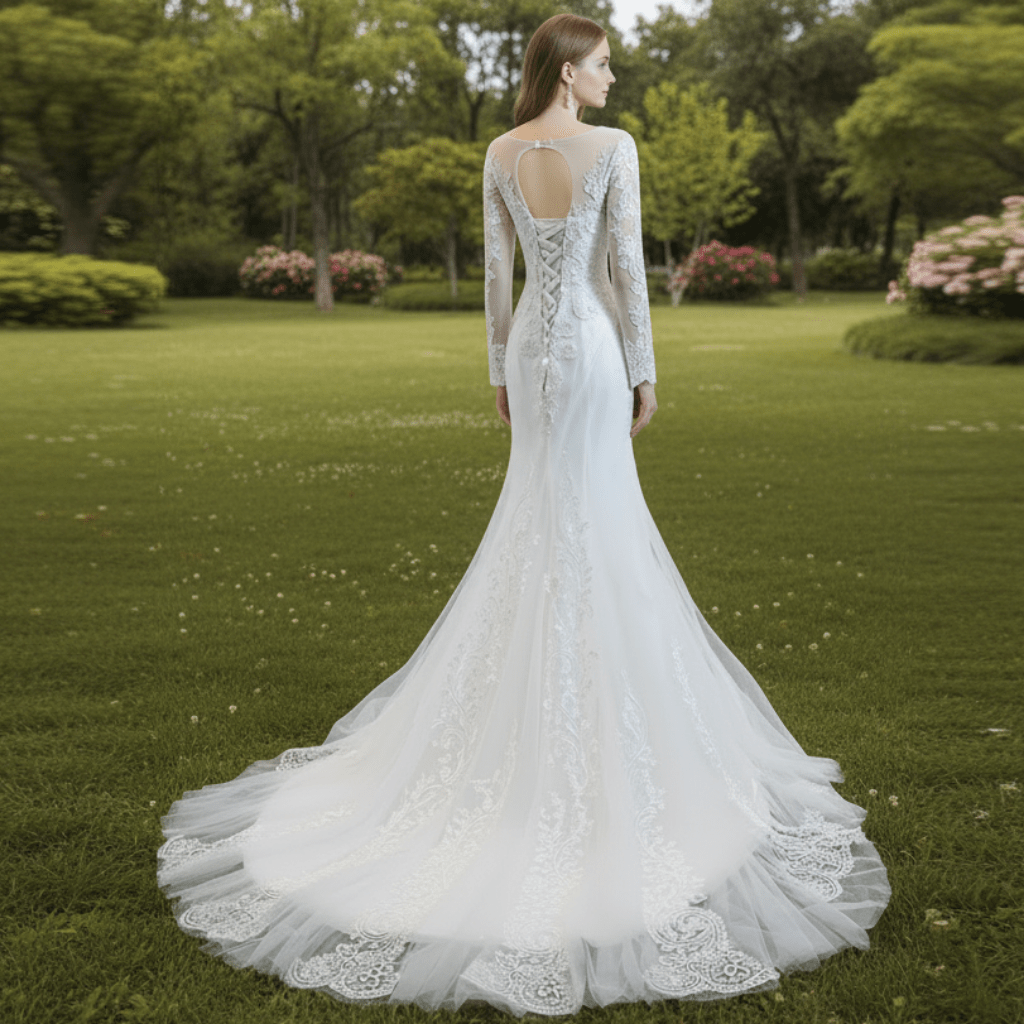 Long Sleeve Mermaid Lace Wedding Dress with Detachable Train - Rosymae