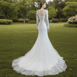 Long Sleeve Mermaid Lace Wedding Dress with Detachable Train - Rosymae