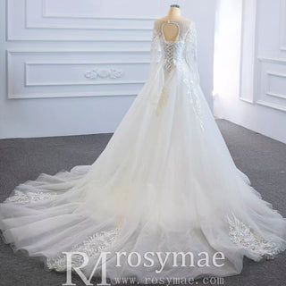 Long Sleeve Mermaid Lace Wedding Dress with Detachable Train - Rosymae