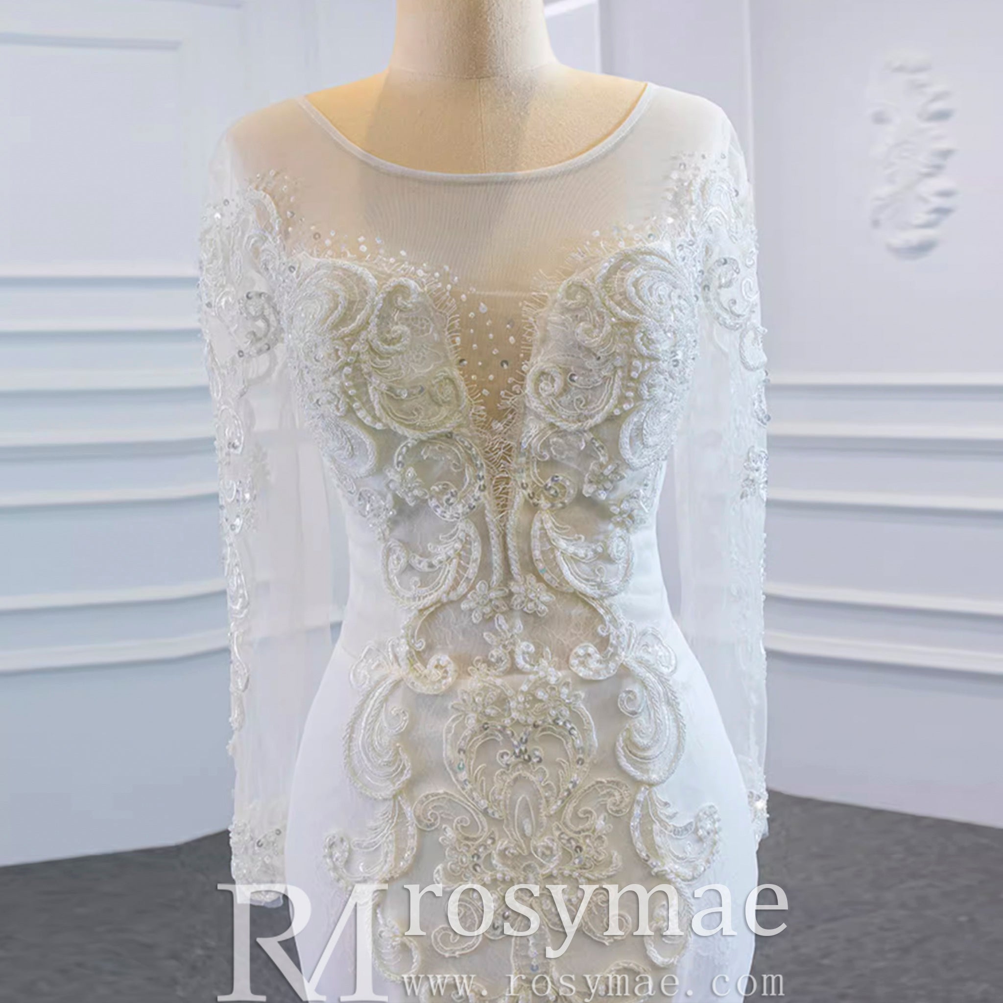 Long Sleeve Mermaid Lace Wedding Dress with Detachable Train - Rosymae