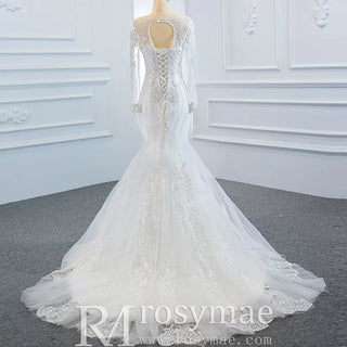 Long Sleeve Mermaid Lace Wedding Dress with Detachable Train - Rosymae