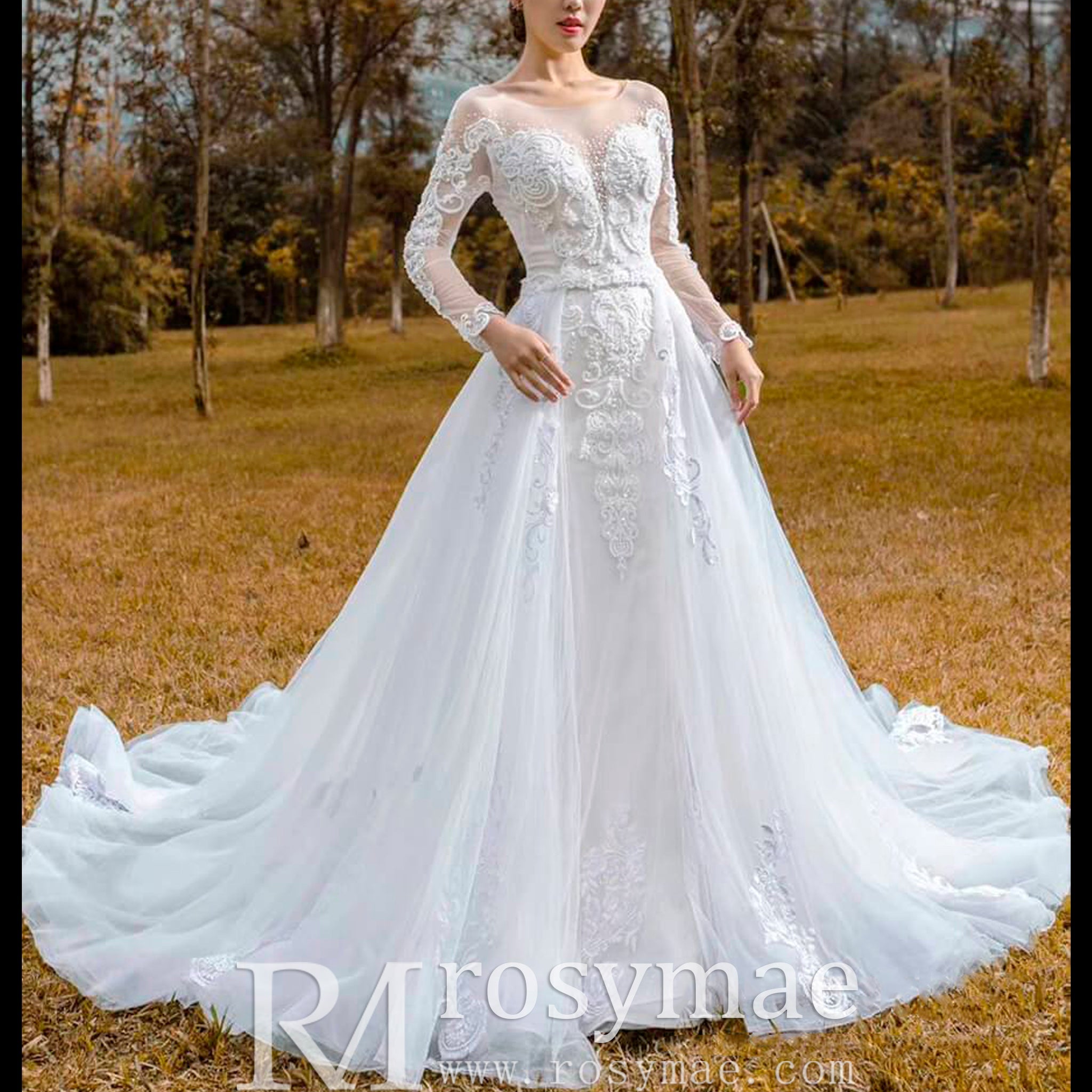 Long Sleeve Mermaid Lace Wedding Dress with Detachable Train - Rosymae