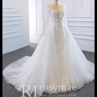 Long Sleeve Mermaid Lace Wedding Dress with Detachable Train - Rosymae